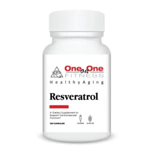 White supplement bottle of Resveratrol dietary supplement with One-on-One Fitness branding, 120 capsules, vegetarian and gluten-free