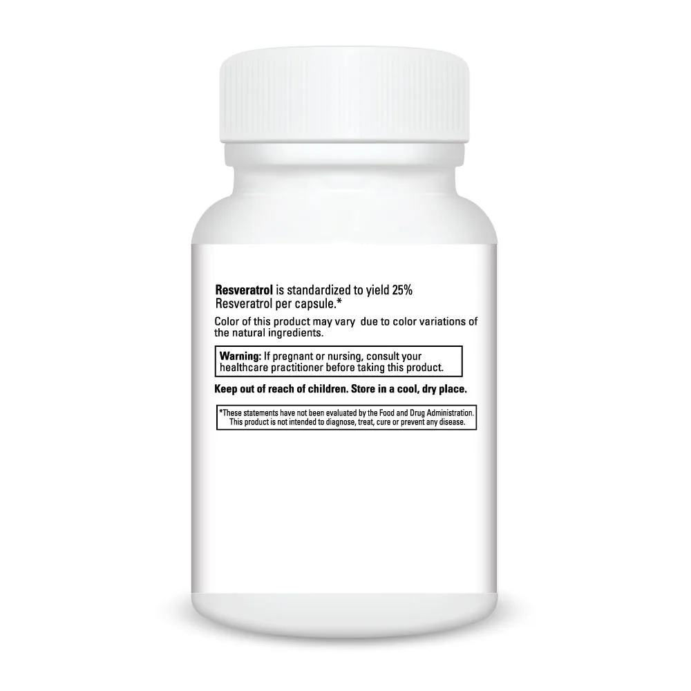 White supplement bottle with Resveratrol label and white screw cap on white background