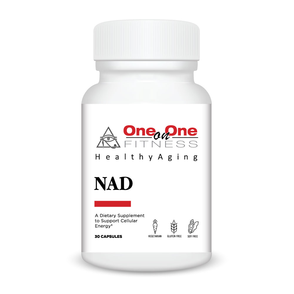 White bottle of NAD dietary supplement with 30 capsules, labeled as a cellular energy support product that is vegetarian, gluten free, and soy free