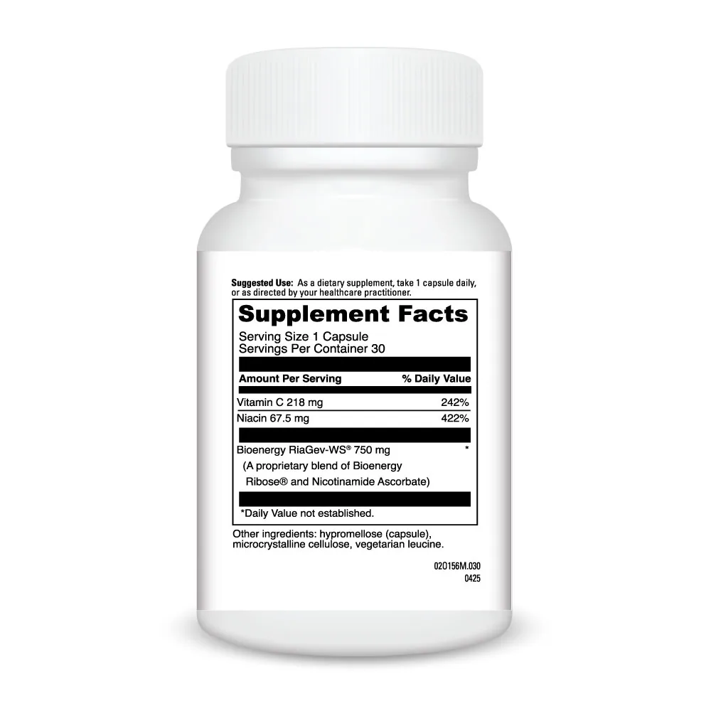 White supplement bottle with Supplement Facts label showing Vitamin C, Niacin, and Bioenergy RiaGev-WS proprietary blend